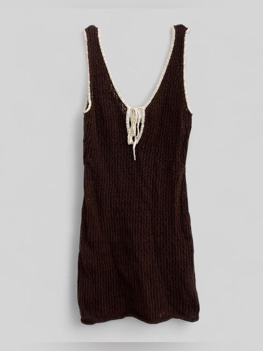 Abercrombie Crochet Open Knit Mini Dress Brown Cream Trim Keyhole Tie XS Boho